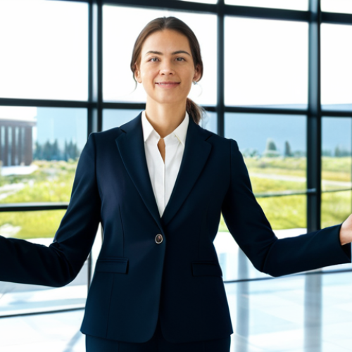 A professional female leader in a modest dark business suit, standing confidently in a bright, modern corporate lobby. Sunlight streams through large windows, illuminating the space and symbolizing transparency. She gestures calmly towards the open, inviting environment, embodying proactive communication and trust. The atmosphere is serene and professional. safe for work, appropriate content, fully clothed, professional dress, perfect anatomy, correct proportions, natural pose, well-formed hands, proper finger count, natural body proportions, professional photography, high quality, family-friendly.