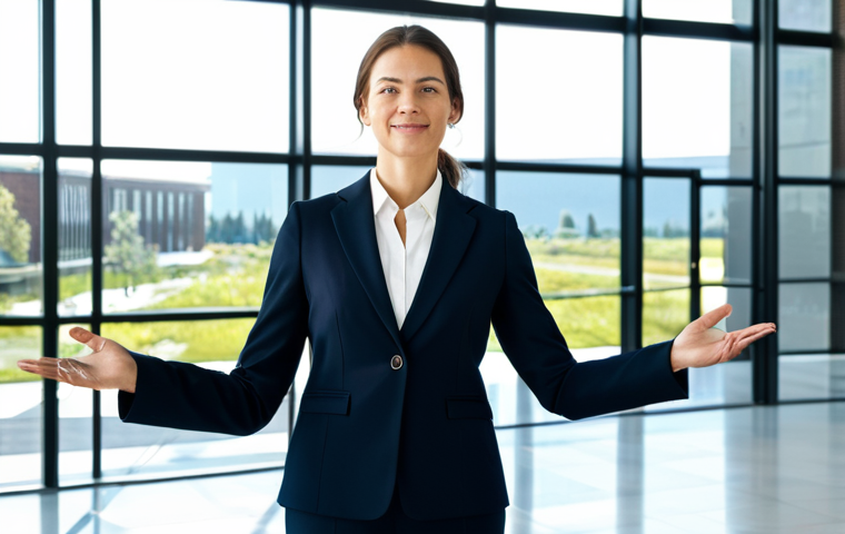 A professional female leader in a modest dark business suit, standing confidently in a bright, modern corporate lobby. Sunlight streams through large windows, illuminating the space and symbolizing transparency. She gestures calmly towards the open, inviting environment, embodying proactive communication and trust. The atmosphere is serene and professional. safe for work, appropriate content, fully clothed, professional dress, perfect anatomy, correct proportions, natural pose, well-formed hands, proper finger count, natural body proportions, professional photography, high quality, family-friendly.