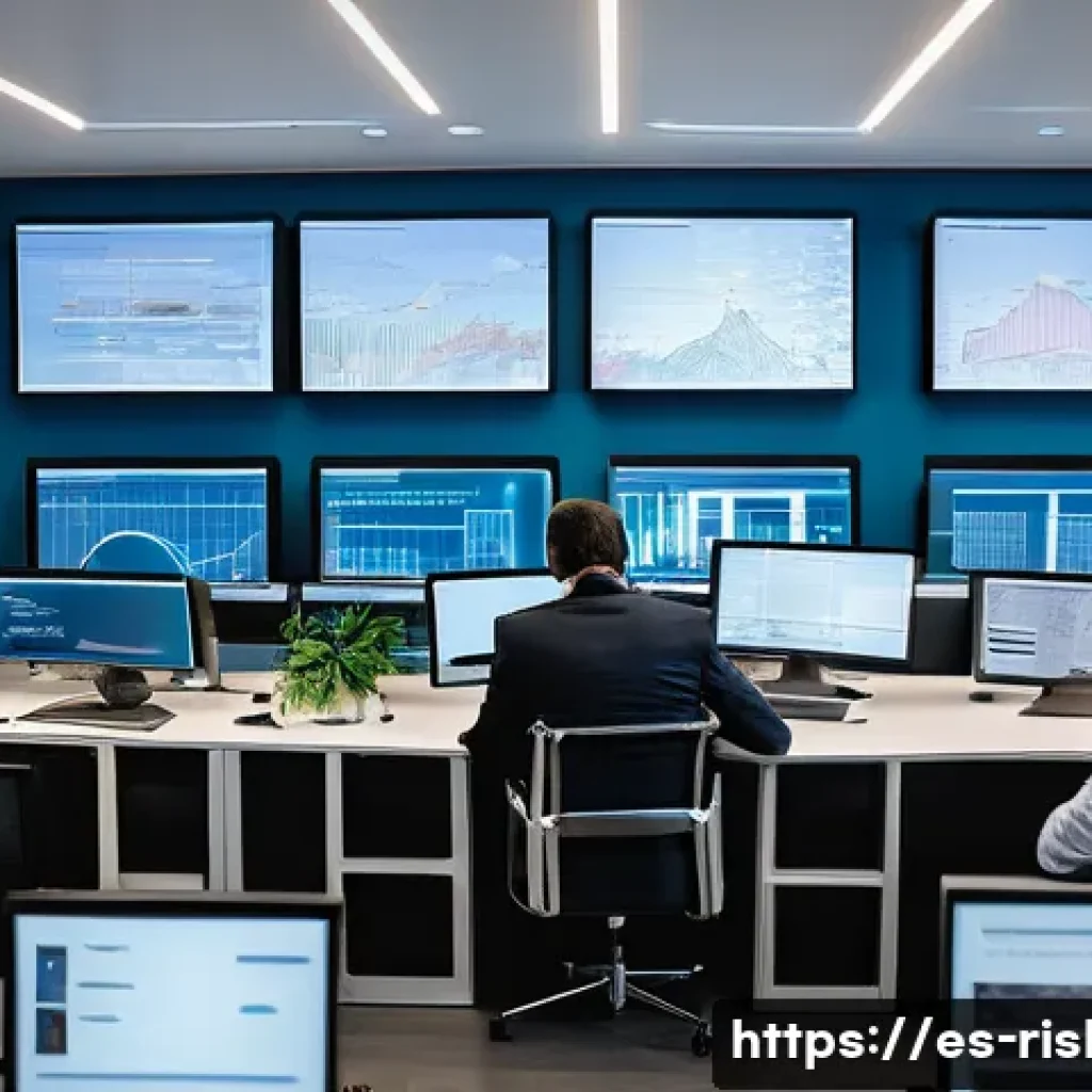 위험평가 모델과 실제 적용 사례 - A modern financial risk management office in a bustling Spanish city, featuring professionals analyz...