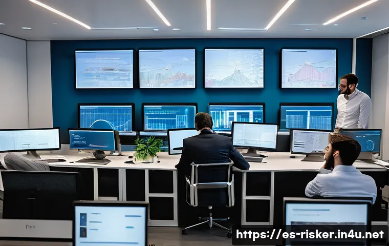 위험평가 모델과 실제 적용 사례 - A modern financial risk management office in a bustling Spanish city, featuring professionals analyz...