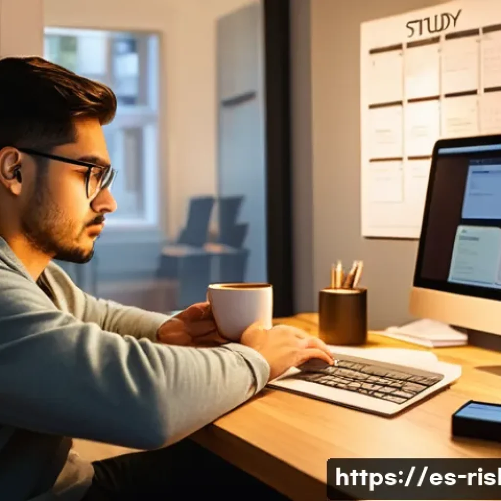 위험관리기술자 자격증 준비 기간 설정 방법 - A focused young Hispanic adult studying at a small, tidy desk in a cozy home office, evening time wi...