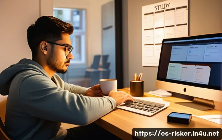 위험관리기술자 자격증 준비 기간 설정 방법 - A focused young Hispanic adult studying at a small, tidy desk in a cozy home office, evening time wi...
