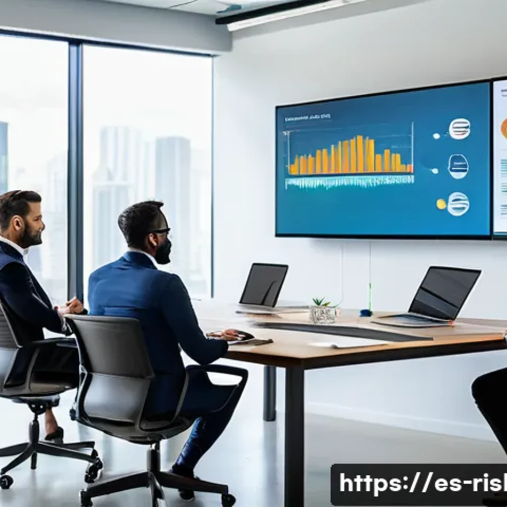 위험관리 실무자 대상의 컨설팅 사례 - A modern corporate office meeting room with a diverse group of professionals from multiple departmen...