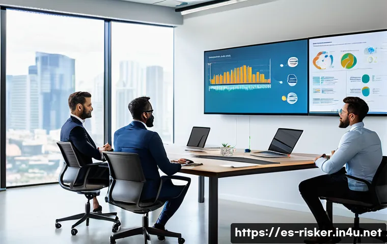 위험관리 실무자 대상의 컨설팅 사례 - A modern corporate office meeting room with a diverse group of professionals from multiple departmen...