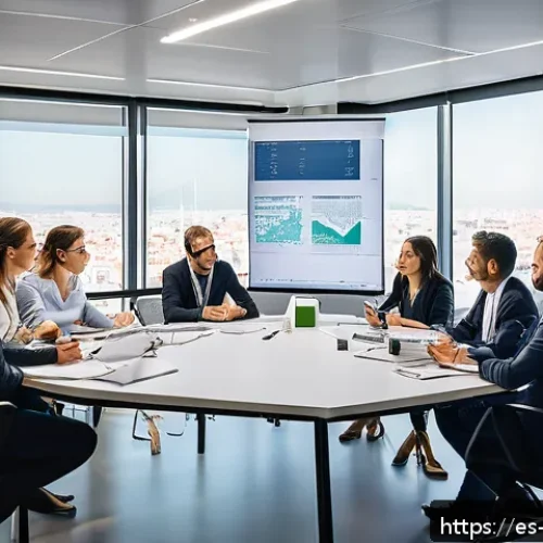 Home 33 위험관리기술자 필수 학습 과목 - A modern office environment in Spain with a diverse team of professionals engaged in a risk assessme...
