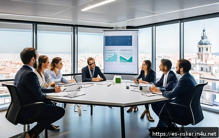 위험관리기술자 필수 학습 과목 - A modern office environment in Spain with a diverse team of professionals engaged in a risk assessme...