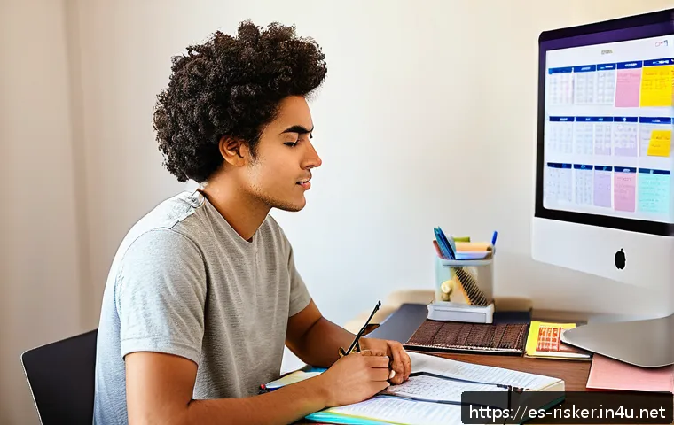 위험관리기술자 이론 시험 공부법 - A focused young Hispanic adult studying at a cozy home desk in a warm, softly lit room. The person i...