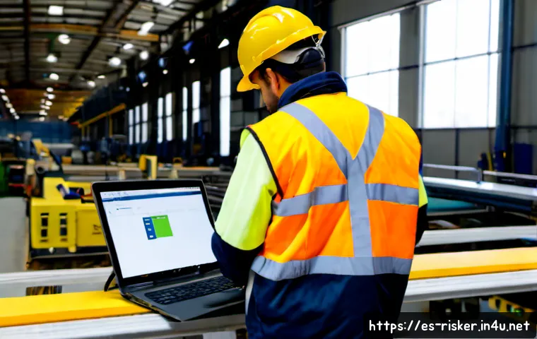위험관리기술자의 필수 소프트웨어 - Photorealistic risk management technician in a modern Spanish industrial facility, wearing safety he...