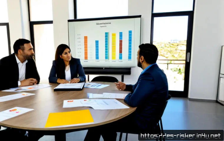 위험관리 실무에서의 팀워크 중요성 - Photorealistic risk management team meeting in a modern Spanish office, diverse Hispanic professiona...