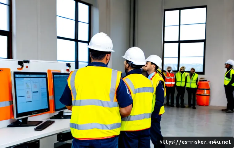 위험관리기술자 교육 과정에서 배워야 할 핵심 내용 - Photorealistic risk management technician training workshop in a modern Spanish industrial facility,...